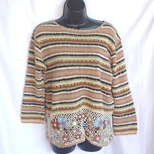 White Stag Sweater Crochet Floral Vintage‎ Bohemian Grandma Cottagecore LRge